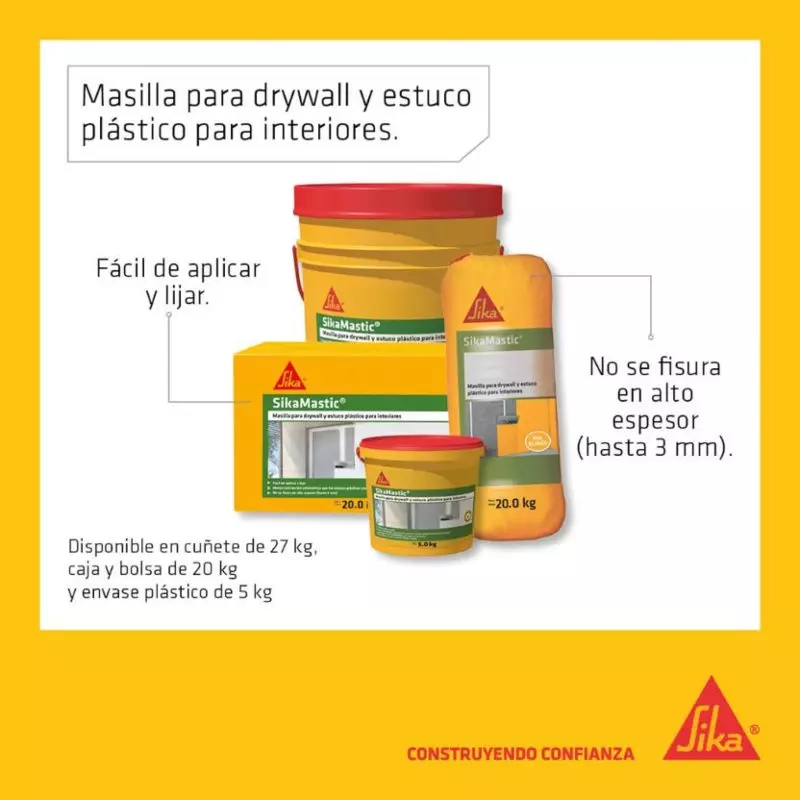 Sikamastic Masilla para Drywall y estuco plástico para interiores x 20 Kg Sika