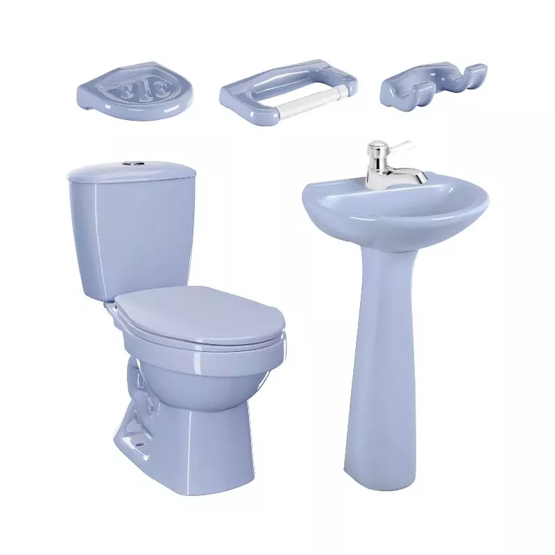 Combo Laguna II Azul Cielo: sanitario, lavamanos con pedestal, grifería y accesorios Corona Combo Laguna II Azul Cielo: sanitario, lavamanos con pedestal, grifería y accesorios Corona