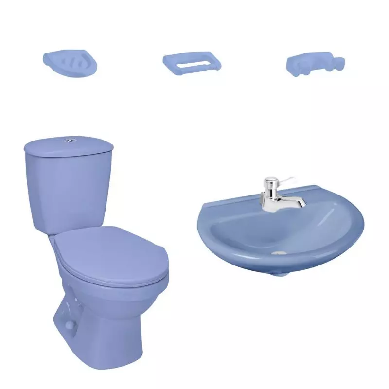 Combo Laguna II Azul Cielo: sanitario, lavamanos, grifería y accesorios Corona Combo Laguna II Azul Cielo: sanitario, lavamanos, grifería y accesorios Corona