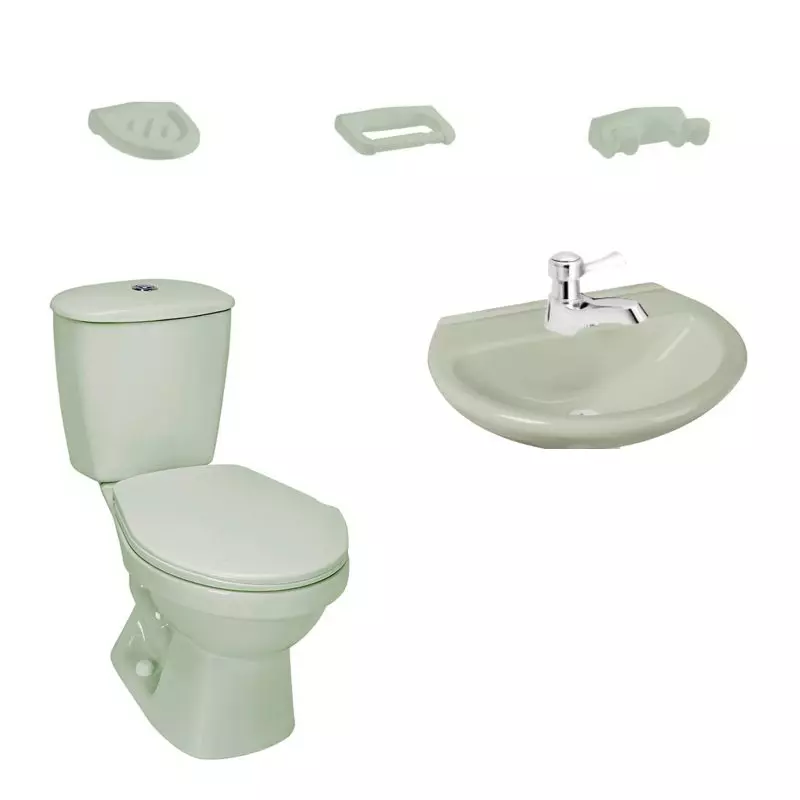 Combo Laguna II verde claro: sanitario, lavamanos, grifería y accesorios Corona Combo Laguna II verde claro: sanitario, lavamanos, grifería y accesorios Corona