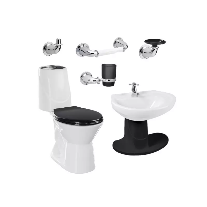 Combo Happy II Negro: sanitario, lavamanos con semipedestal, grifería y accesorios Corona Combo Happy II Negro: sanitario, lavamanos con semipedestal, grifería y accesorios Corona