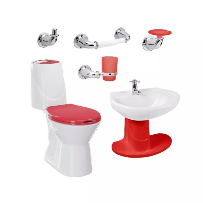 Combo Happy II Rojo: sanitario, lavamanos con semipedestal, grifería y accesorios Corona Combo Happy II Rojo: sanitario, lavamanos con semipedestal, grifería y accesorios Corona