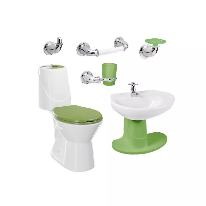 Combo Happy II Verde: sanitario, lavamanos con semipedestal, grifería y accesorios Corona Combo Happy II Verde: sanitario, lavamanos con semipedestal, grifería y accesorios Corona