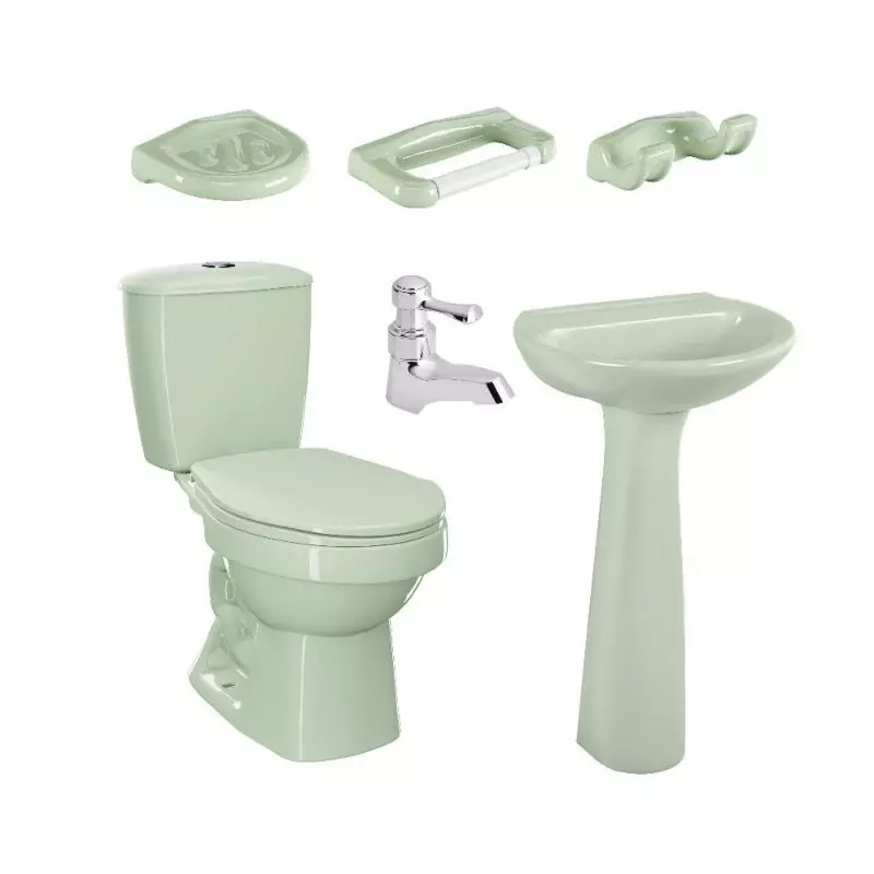 Combo Laguna Balta Verde Claro: sanitario, lavamanos con pedestal, grifería y accesorios Combo Laguna Balta Verde Claro: sanitario, lavamanos con pedestal, grifería y accesorios