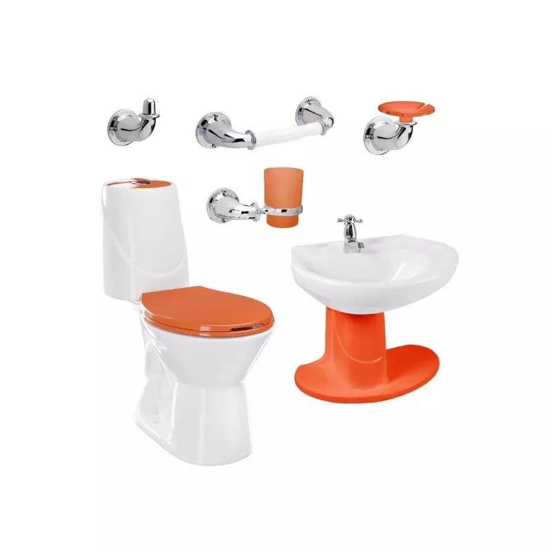 Combo Happy II Naranja: sanitario, lavamanos con semipedestal, grifería y accesorios Combo Happy II Naranja: sanitario, lavamanos con semipedestal, grifería y accesorios